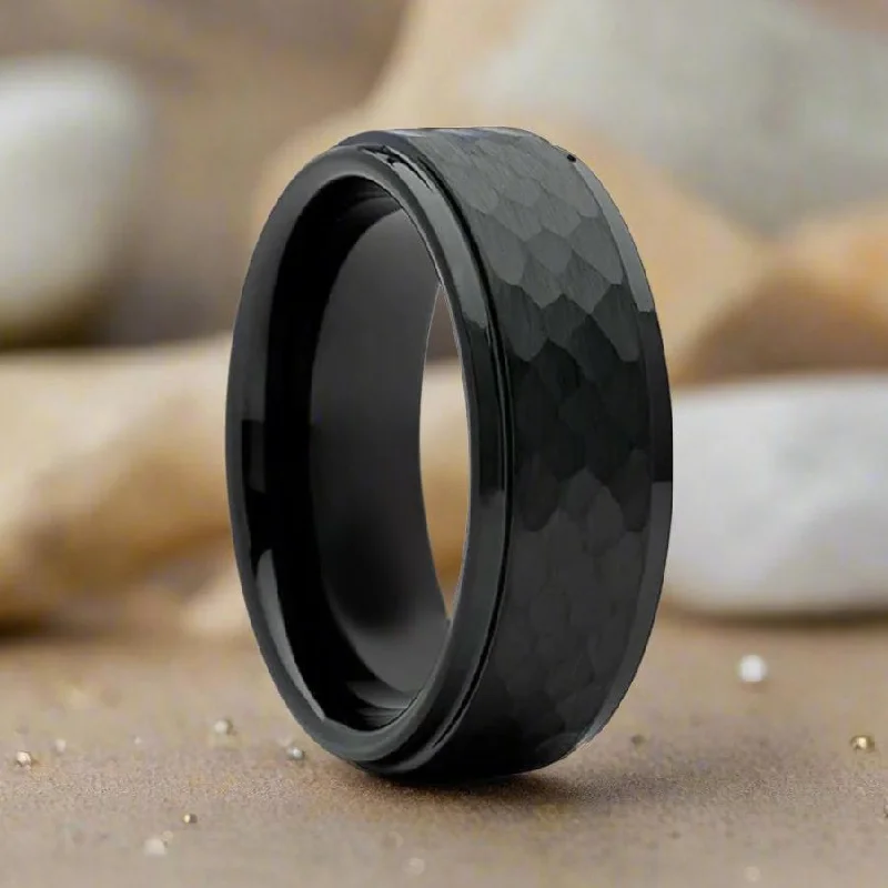 Women’s silver and gold ring-AEROBITS | Black Tungsten Ring, Hammered, Stepped Edge