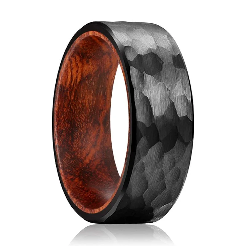 Women’s wedding ring-TANGLE | Snake Wood, Black Tungsten Ring, Hammered, Flat