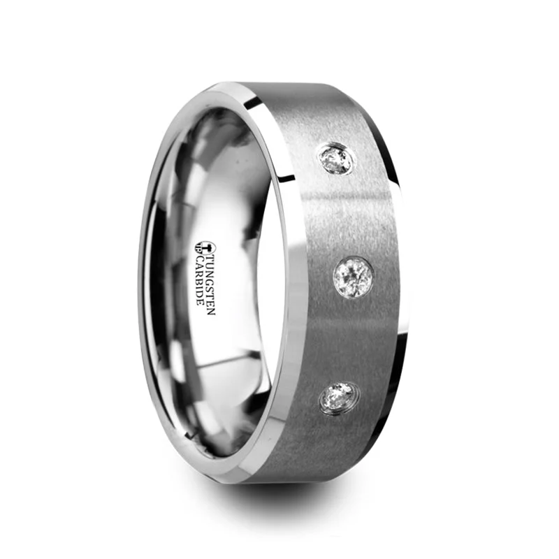 Women’s affordable engagement rings-Tungsten Men's Wedding Band with Three Diamonds