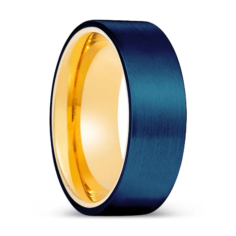 Women’s minimalist ring-PRISTINE | Gold Ring, Blue Tungsten Ring, Brushed, Flat