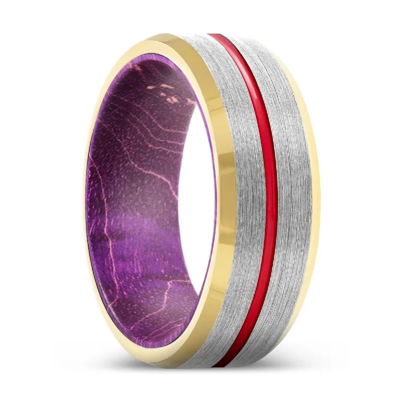 Women’s square-shaped ring-SURGE | Purple Wood, Silver Tungsten Ring, Red Groove, Gold Beveled Edge