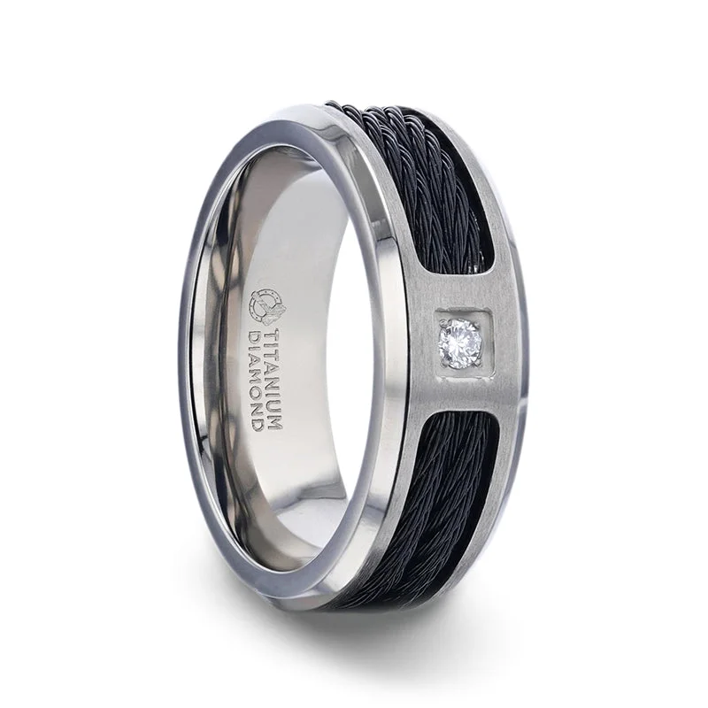 Women’s silver engagement rings-Titanium Men's Wedding Band with Black Rope Inlay & Diamond