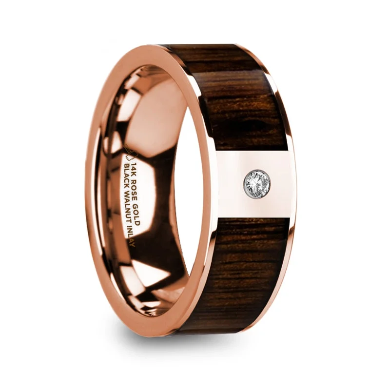 Women’s three-stone engagement rings-Men's 14k Rose Gold Wedding Band with Black Walnut Inlay & Diamond