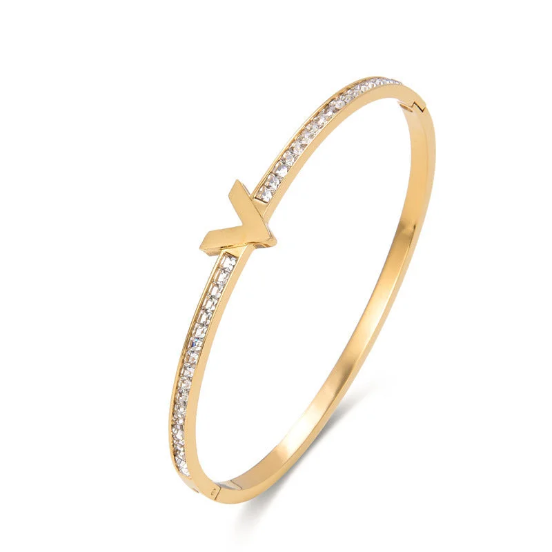 Women’s diamond bracelet-Simple Style V Shape Stainless Steel Zircon Bangle In Bulk