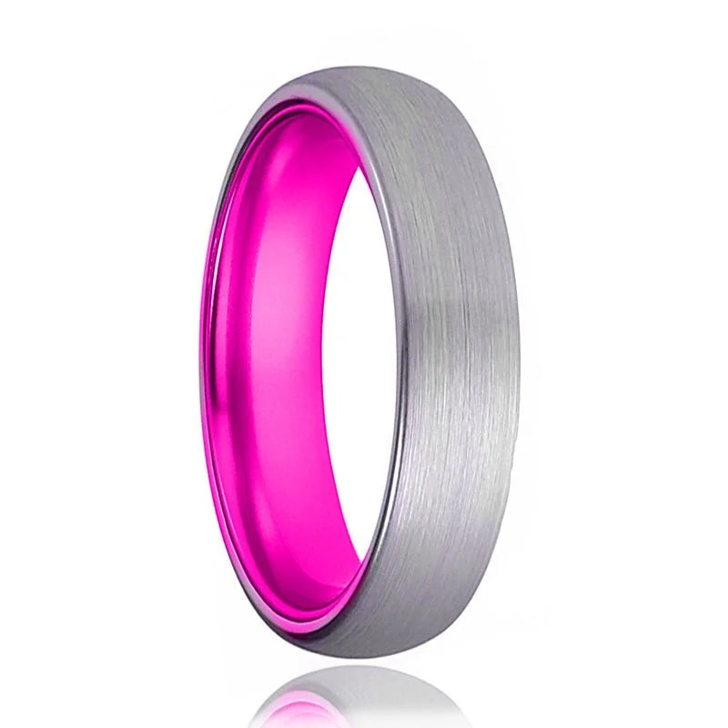 Women’s custom ring-PASSION | Pink Ring, Silver Tungsten Ring, Brushed, Domed