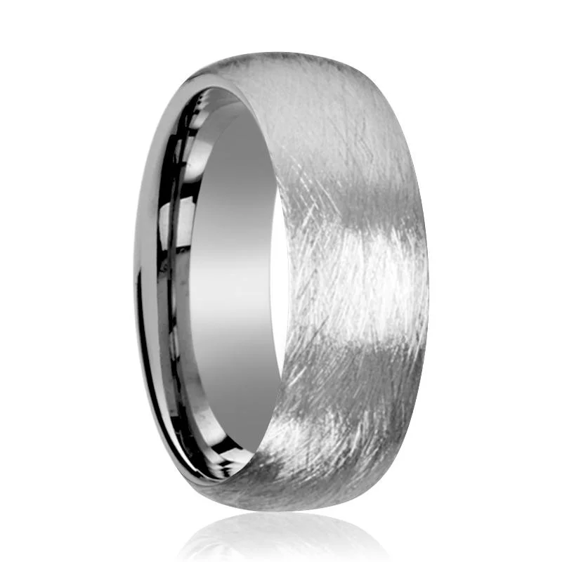 Women’s heart-cut ring-BLACKWALD | Silver Tungsten Ring, Deep Texture Brushed Finish, Domed