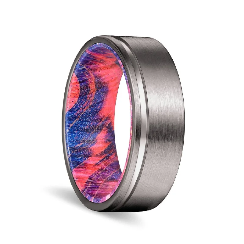 Women’s blue sapphire ring-BRIDGES | Blue and Red Wood, Gunmetal Tungsten Offset Groove