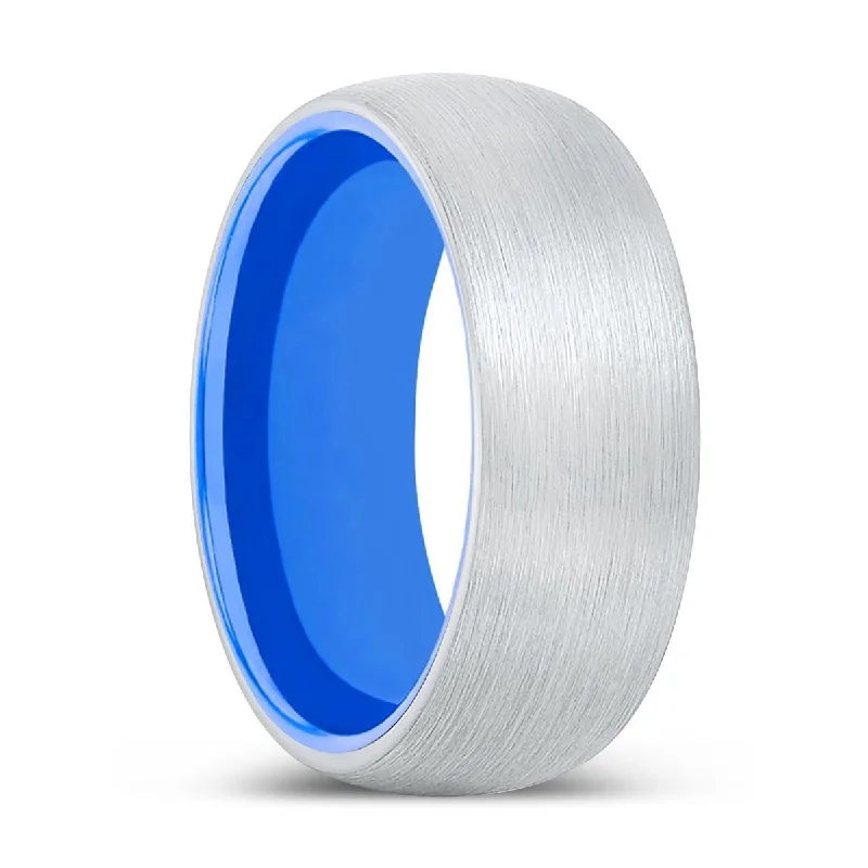 Women’s silver ring-HEADMAN | Blue Ring, White Tungsten Ring, Brushed, Domed