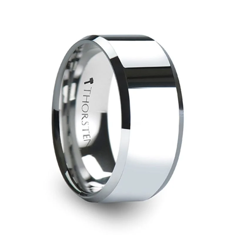 Women’s boho ring-CORINTHIAN | Silver Tungsten Ring, Shiny, Beveled, 10mm, 12mm