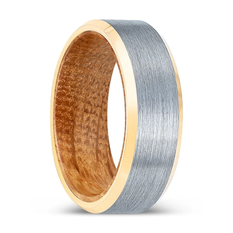 Women’s bohemian gold ring-PINESCAR | Whiskey Barrel Wood, Brushed, Silver Tungsten Ring, Gold Beveled Edges