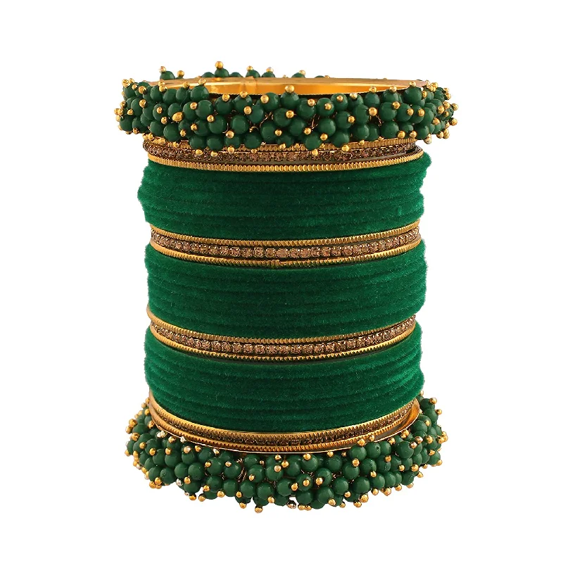 Women’s gold bracelet-Gold-Plated Alloy Designer Green Velvet Bangle Set - The Pari