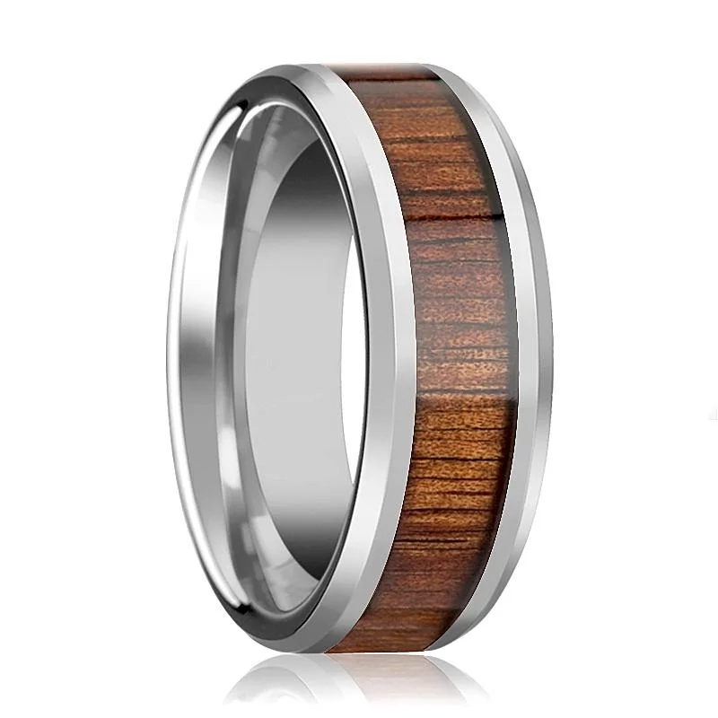 Women’s engraved wedding ring-KONA | Silver Tungsten Ring, Koa Wood Inlay, Beveled