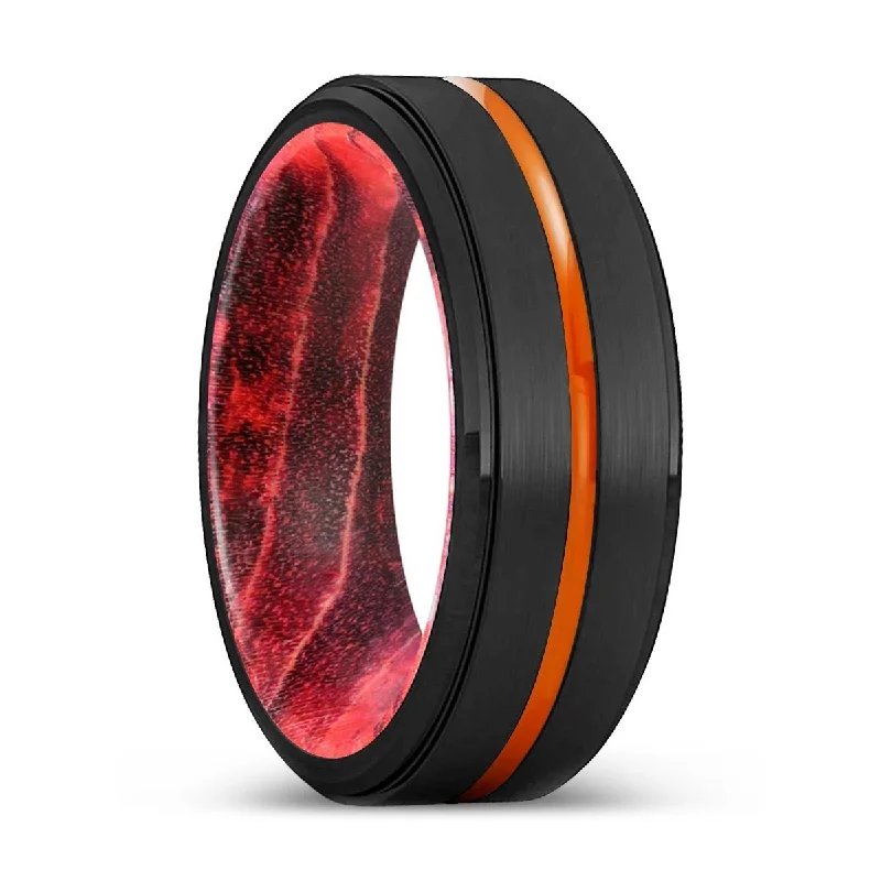 Women’s silver gemstone ring-YONKERS | Black & Red Wood, Black Tungsten Ring, Orange Groove, Stepped Edge