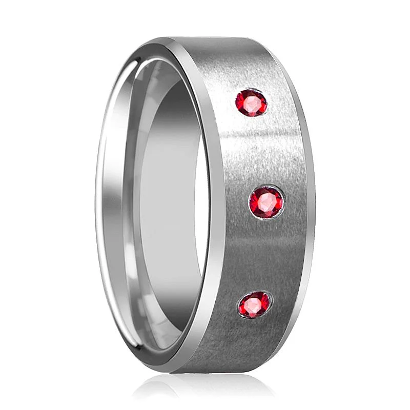 Women’s aquamarine ring-Silver Brushed Satin Finish Men's Tungsten Wedding Band with 3 Red Ruby in Center and Bevels - 8MM