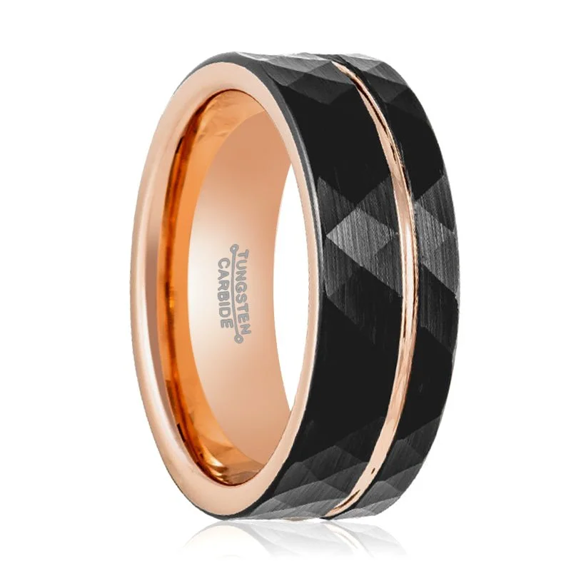 Women’s emerald ring-ORLANDO | Rose Gold Tungsten Ring, Hammered, Rose Groove, Flat