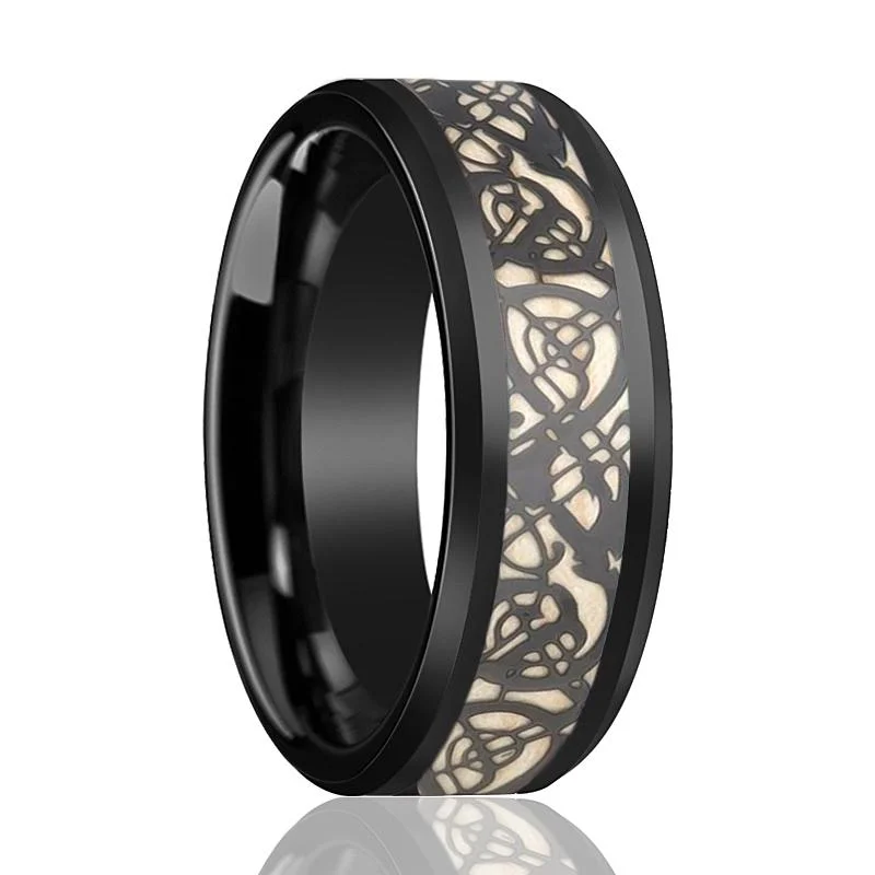 Women’s bold statement ring-LEON | Black Tungsten Ring, Celtic Design Cutout Inlay, Beveled