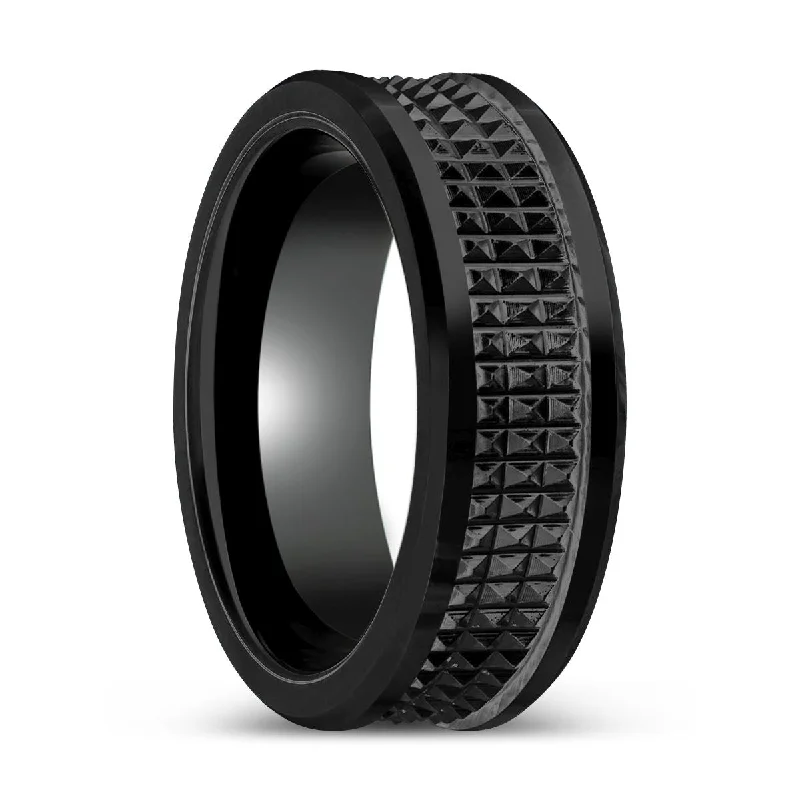 Women’s engraved ring-SILVERFANG | Black Tungsten Ring with Jagged Center