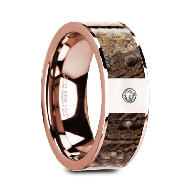 Women’s engagement rings with silver band-14k Rose Gold Men's Wedding Band with Brown Dinosaur Bone & Diamond