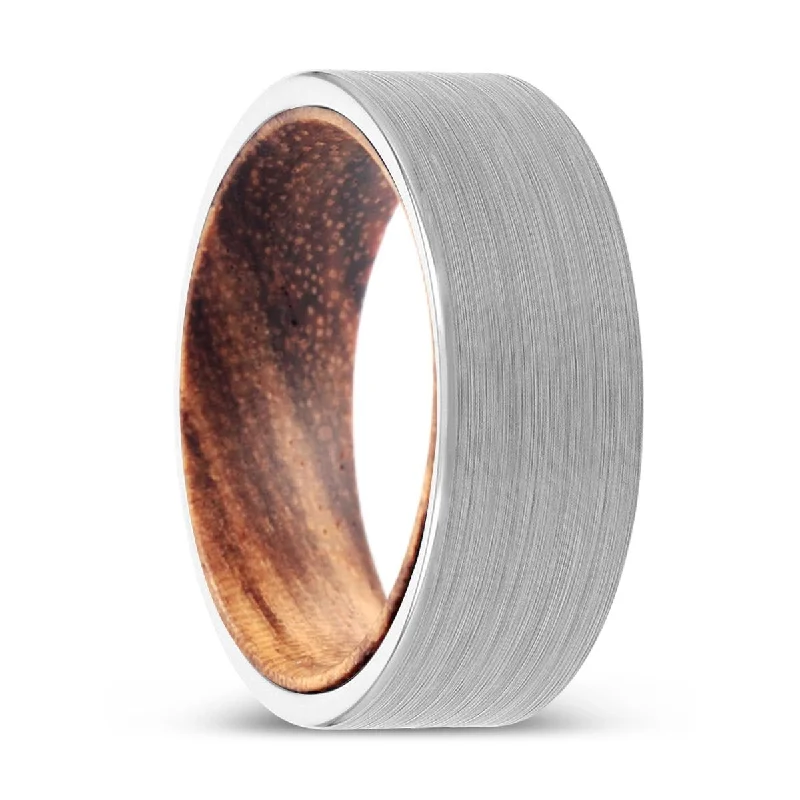 Women’s yellow gold ring-MONTOYA | Zebra Wood, White Tungsten Ring, Brushed, Flat