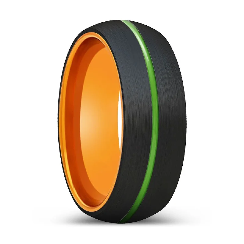 Women’s sapphire ring-TOUCAN | Orange Ring, Black Tungsten Ring, Green Groove, Domed