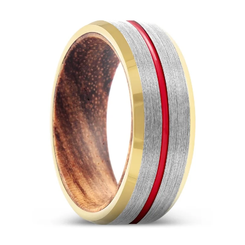 Women’s stacked diamond rings-WOLFE | Zebra Wood, Silver Tungsten Ring, Red Groove, Gold Beveled Edge