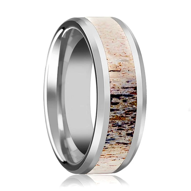 Women’s rose gold ring-Polished Beveled Tungsten Men's Wedding Band with Ombre Deer Antler Inlay - 8MM