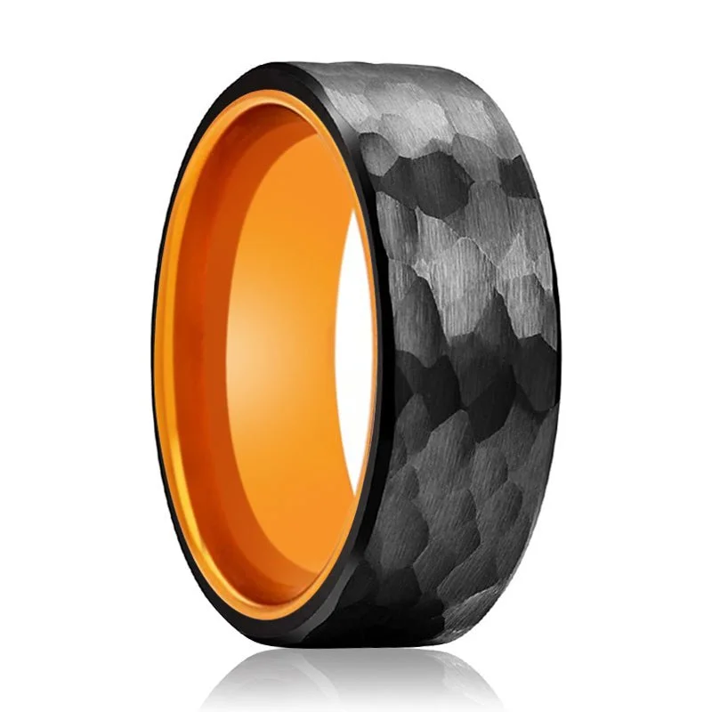 Women’s designer ring-APRICOT | Orange Ring, Black Tungsten Ring, Hammered, Flat