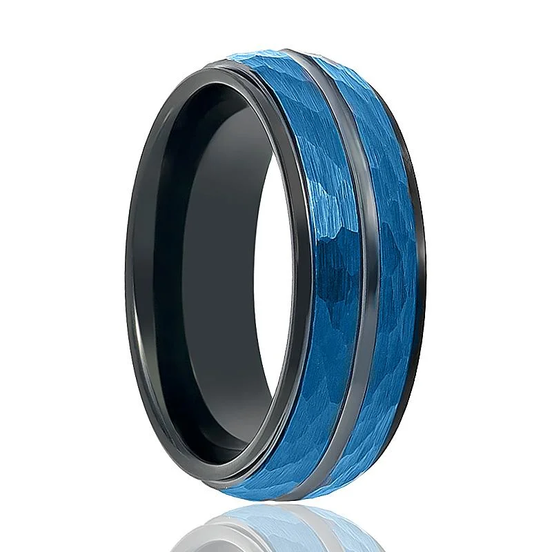 Women’s modern ring-HARLO | Black Tungsten Ring, Blue Hammered, Black Groove, Stepped Edge