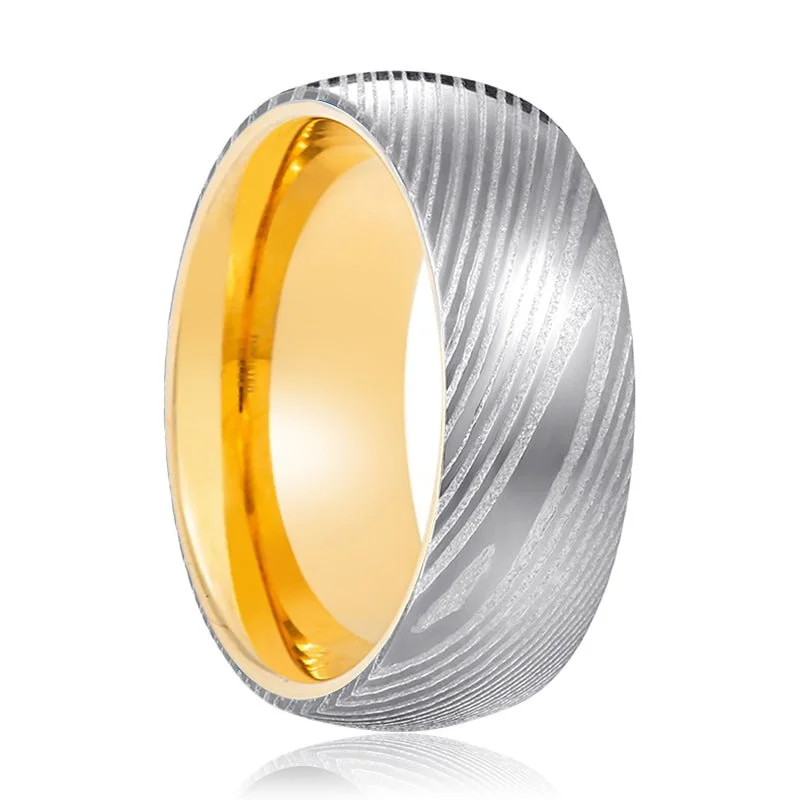 Women’s three-stone ring-JUNO | Gold Ring, Silver Damascus Steel, Domed