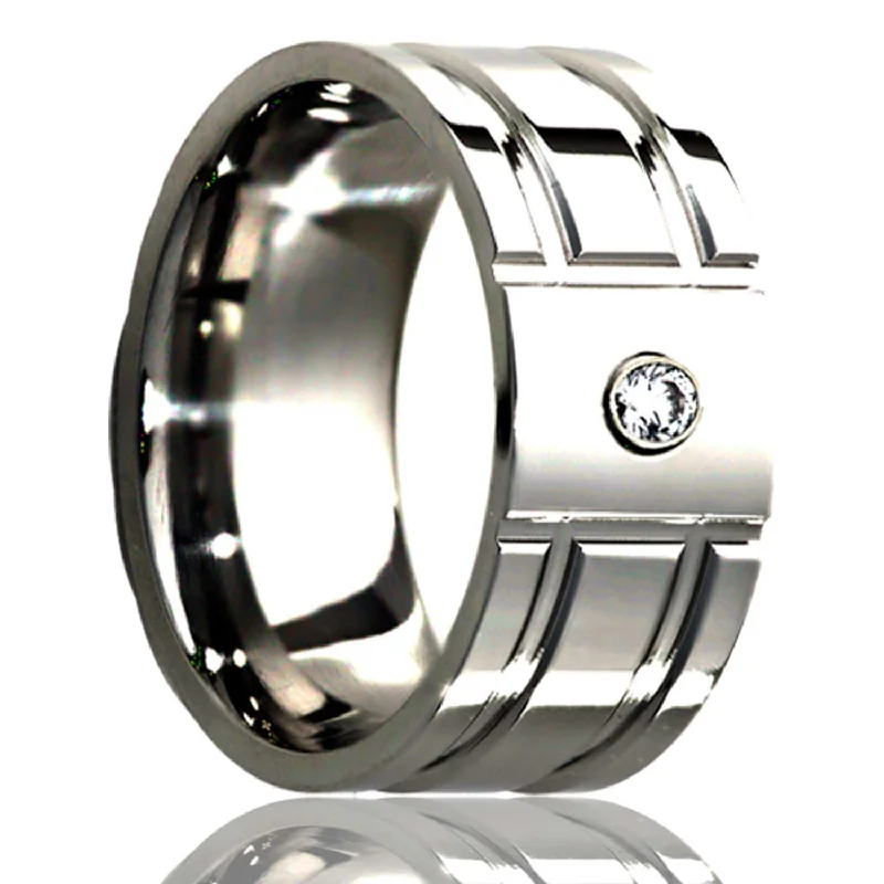 Women’s engagement rings with a simple design-Grooved Titanium Men's Wedding Band with Diamond