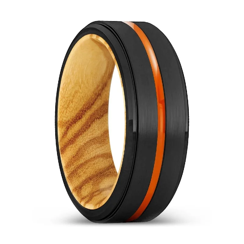 Women’s silver plated ring-FRISCO | Olive Wood, Black Tungsten Ring, Orange Groove, Stepped Edge