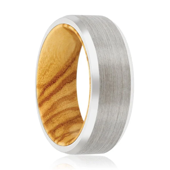 Women’s personalized ring-TOLDEN | Olive Wood, Silver Tungsten Ring, Brushed, Beveled