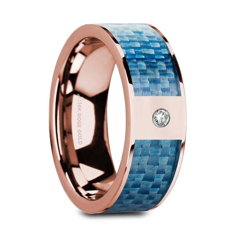 Women’s engagement rings with contemporary designs-14k Rose Gold Men's Wedding Band with Blue Carbon Fiber Inlay & Diamond