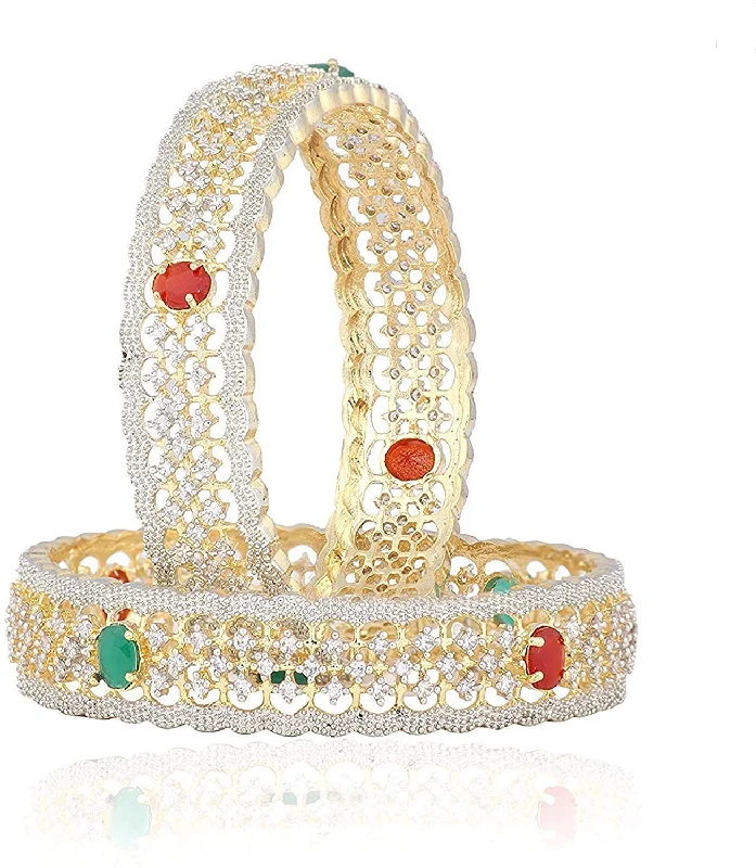 Women’s pearl and gold bracelet-Gold-Plated Alloy American Diamond Broad Multi Bangle Set - The Pari