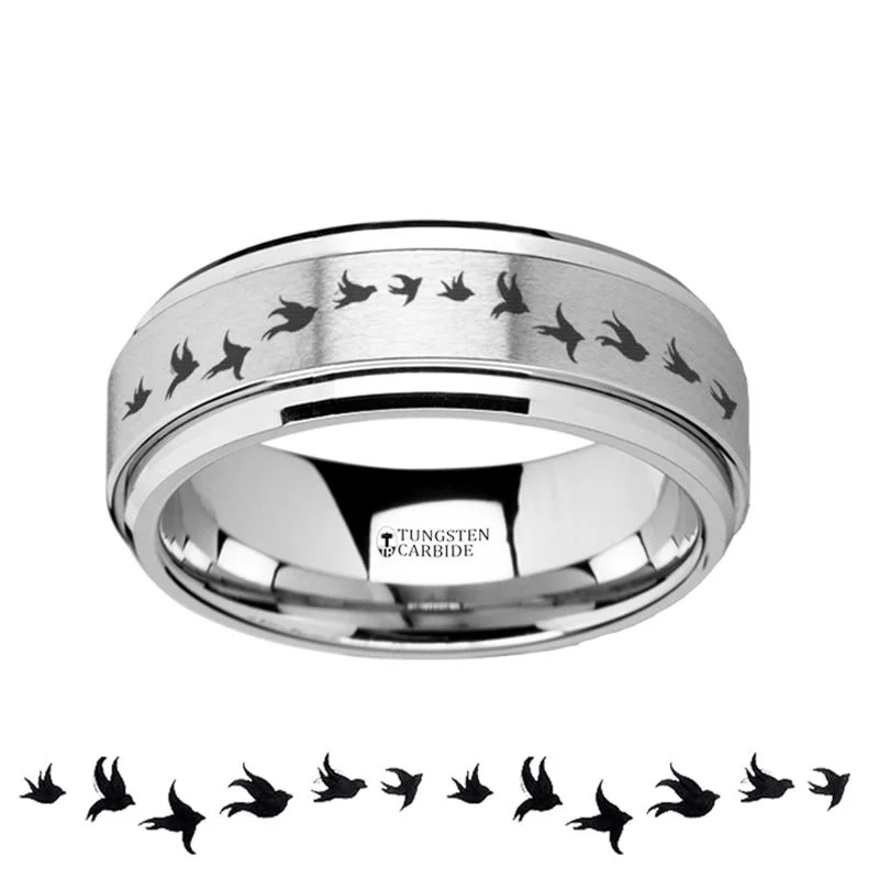 Women’s chunky gold ring-Flying Birds Engraved Raised Center Spinner Tungsten Wedding Ring for Men - 8MM