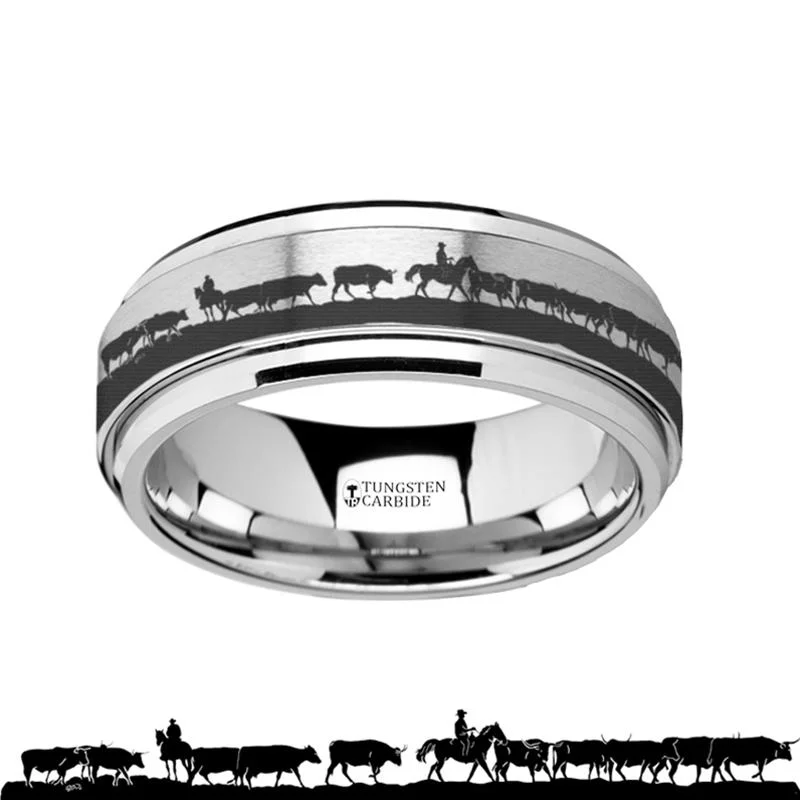 Women’s handcrafted gold ring-Animal Landscape Herding Cattle Scene Laser Engraved Spinner Tungsten Ring