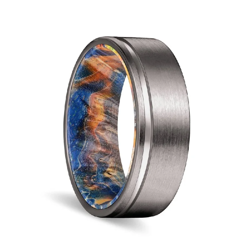 Women’s marquise ring-PIONEER | Blue & Yellow/Orange Wood, Gunmetal Tungsten Offset Groove