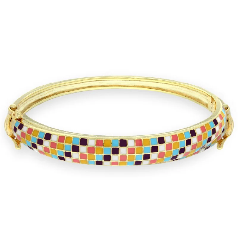 Women’s modern bracelet-Molly and Emma 18k Gold Overlay Children's Enamel Checkered Bangle