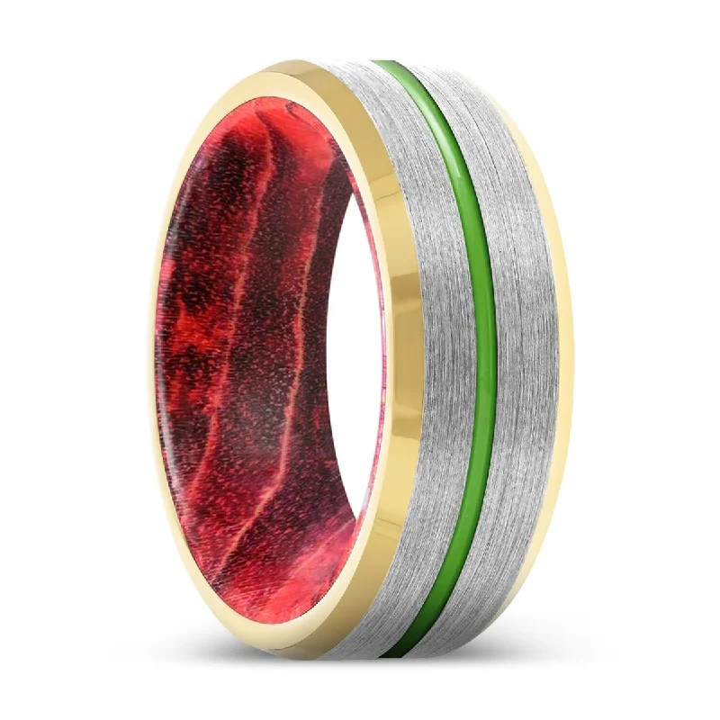 Women’s handcrafted gold ring-VALENTE | Black & Red Wood, Silver Tungsten Ring, Green Groove, Gold Beveled Edge