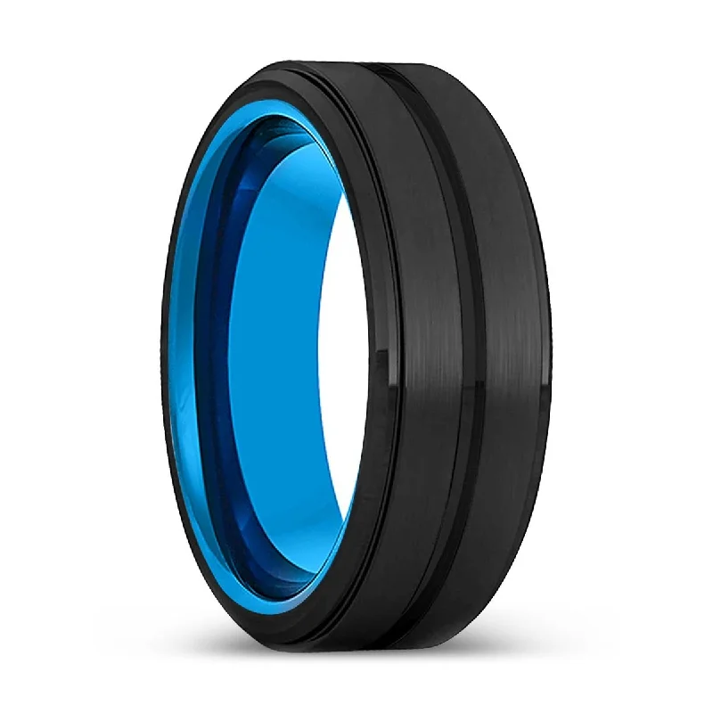 Women’s diamond cluster ring-HUNTER | Blue Tungsten Ring, Black Tungsten Ring, Grooved, Stepped Edge