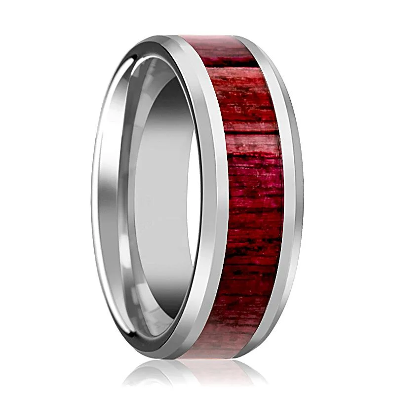 Women’s ring with diamonds-MAUVE | Silver Tungsten Ring, Purple Heart Wood Inlay, Beveled