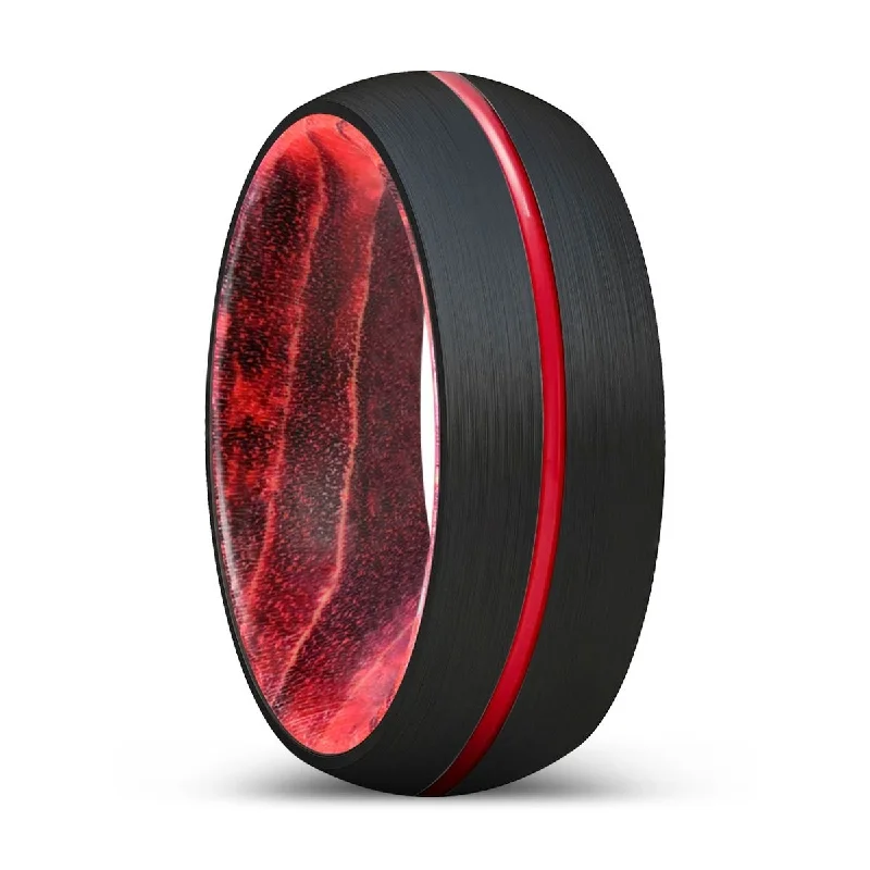 Women’s channel set ring-PIRANHA | Black & Red Wood, Black Tungsten Ring, Red Groove, Domed