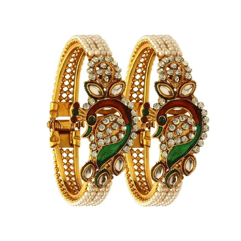 Women’s boho bracelet-Gold-Plated Alloy Pearl Studded Peacock Enamel Bangle - The Pari