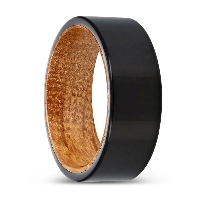 Women’s vintage-inspired ring-VALENTIN | Whiskey Barrel Wood, Black Tungsten Ring, Shiny, Flat