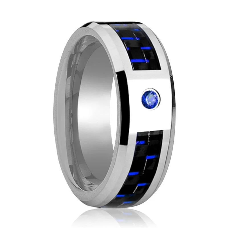 Women’s handcrafted gold ring-NEPTUNE | Silver Tungsten Ring Blue Sapphire Stone, Black & Blue Carbon Fiber Inlay, Beveled