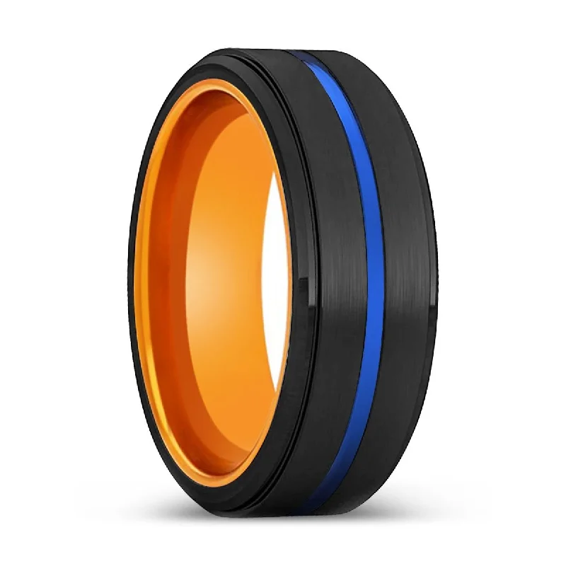 Women’s infinity ring-PIKE | Orange Ring, Black Tungsten Ring, Blue Groove, Stepped Edge