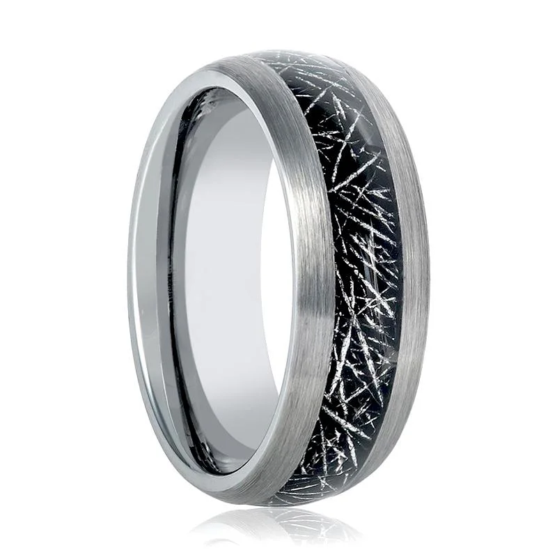 Women’s zirconia ring-STARY | Silver Tungsten Ring, Black Imitation Meteorite Inlay, Domed