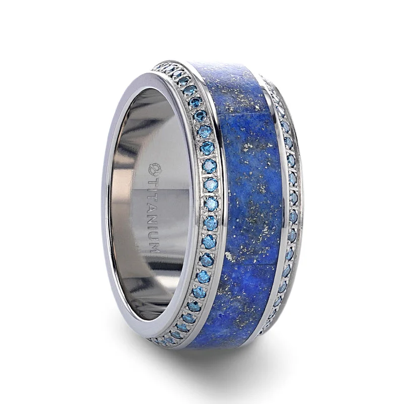 Women’s solitaire engagement rings-Titanium Men's Wedding Band with Lapis Lazuli Inlay & Blue Diamonds