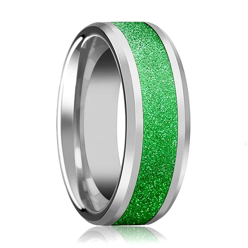 Women’s classic diamond ring-Men's Tungsten Wedding Band with Green Sparkling Inlay and Bevels - 8MM