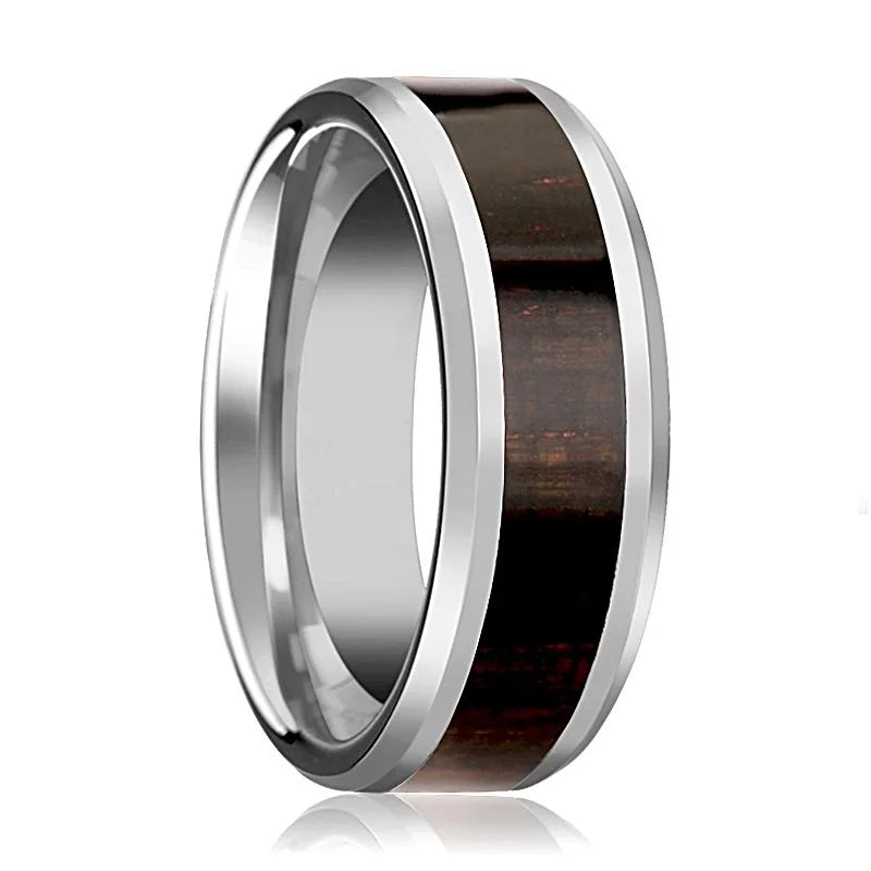 Women’s twisted band ring-ARCANE | Silver Tungsten Ring, Ebony Wood Inlay, Beveled